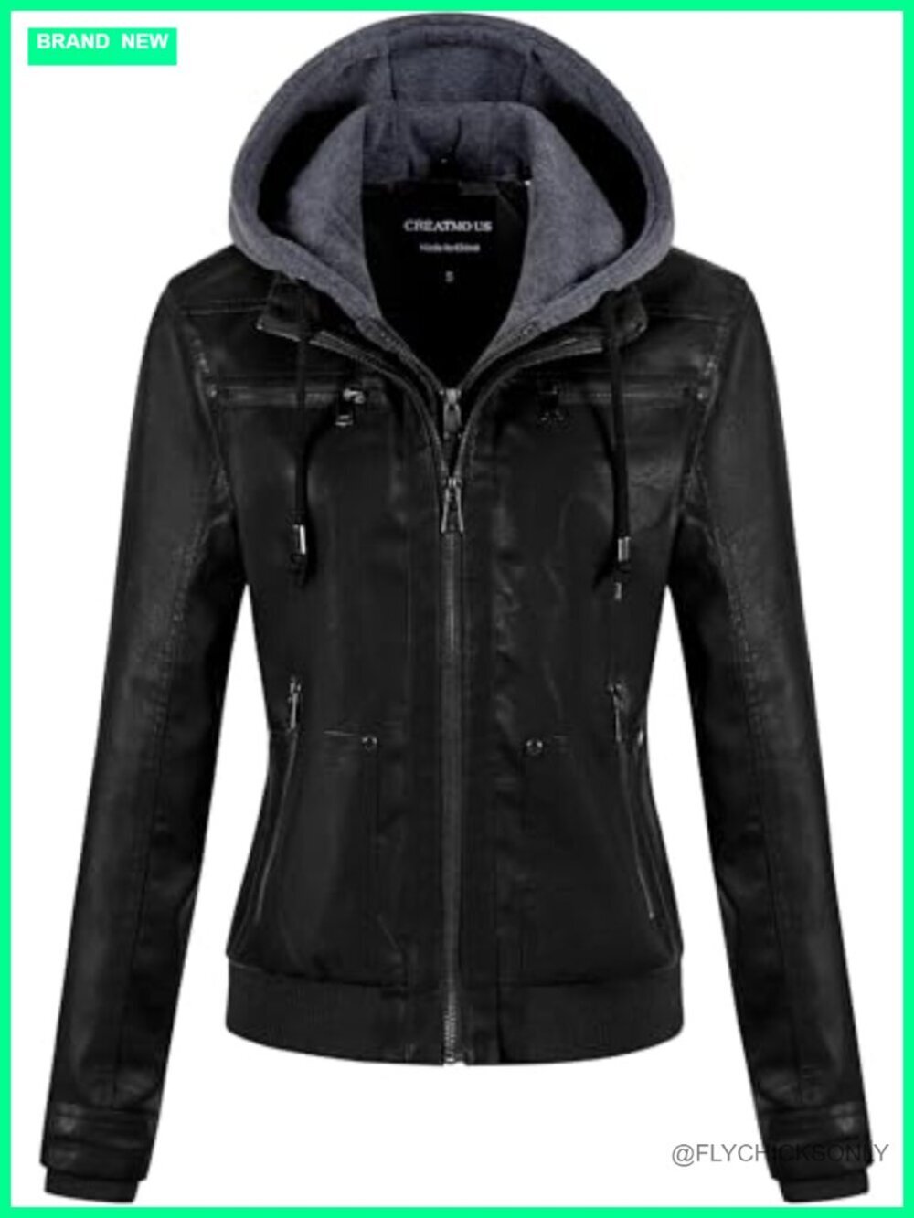 Women's Faux Leather Bomber Jacket Waterproof Motorcycle Coat with Removable